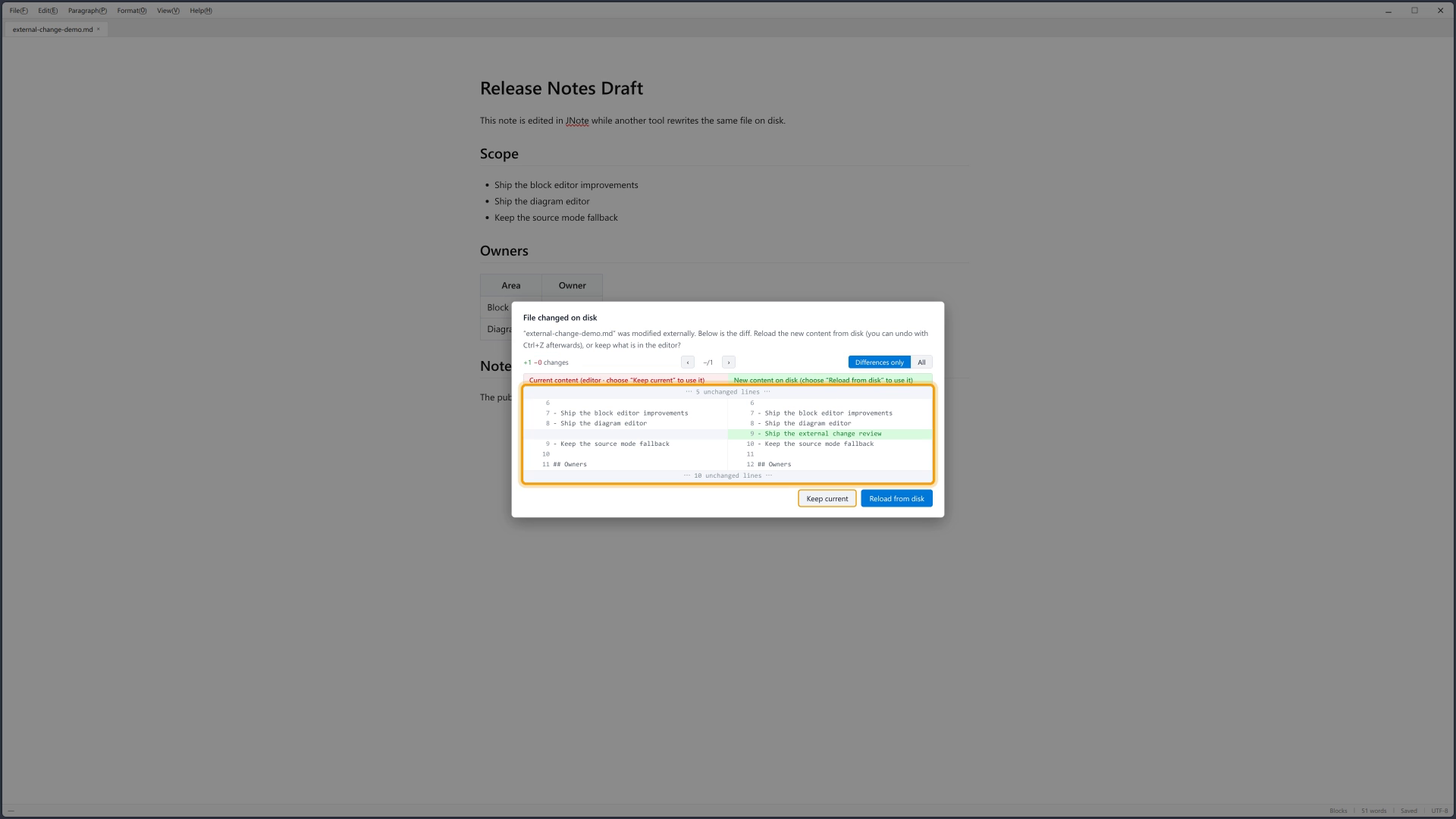 JNote comparing an open Markdown document with changes made on disk
